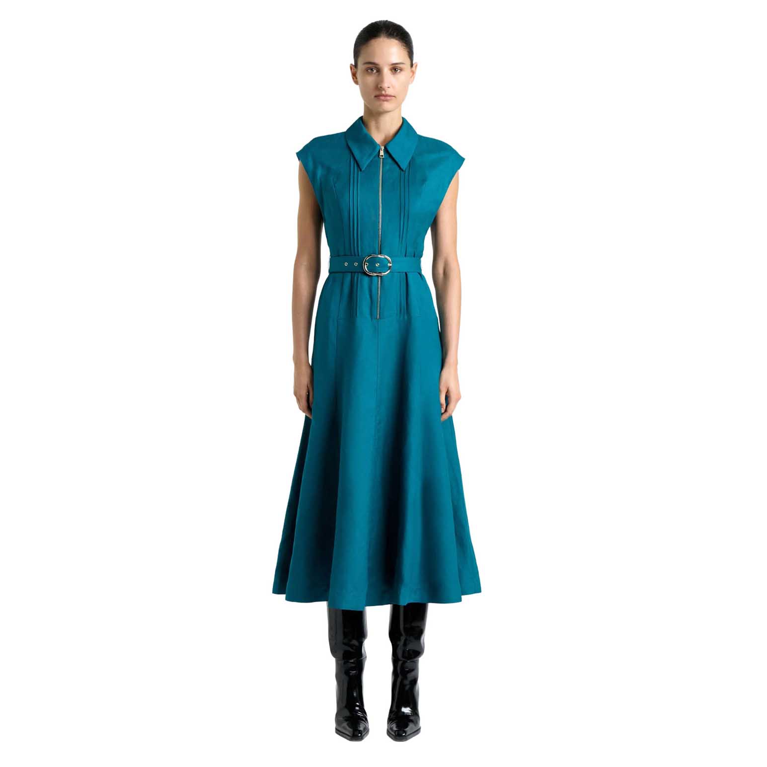 Cue Peacock Linen Blend Pintuck Midi Dress